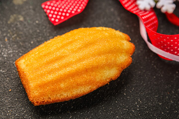 Madeleine, sweet biscuit dessert Christmas cookie delicious Christmas treat Fresh delicious gourmet food background on the table rustic food top view copy space