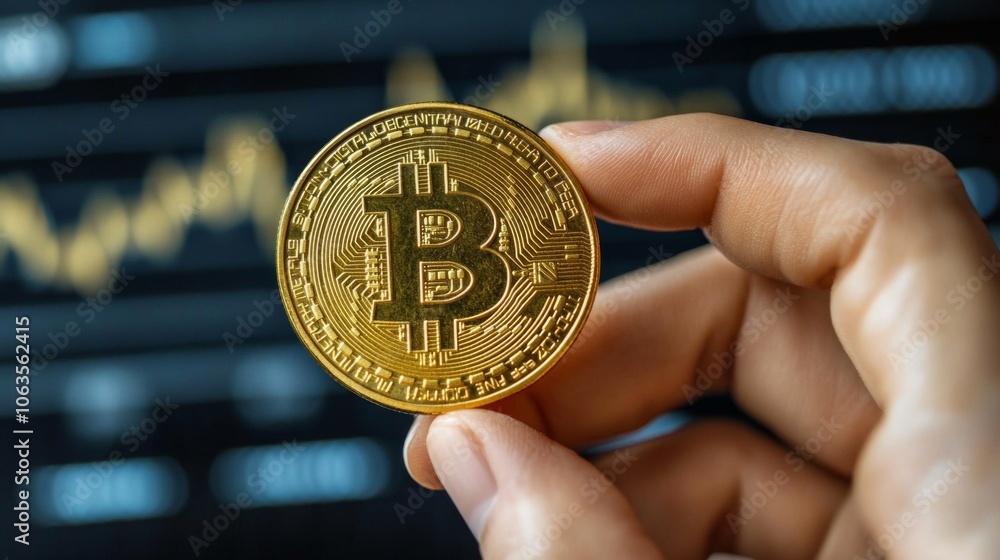 Poster A person holds a shiny Bitcoin token in one hand, with a digital screen displaying fluctuating cryptocurrency market data in the background, illustrating the financial ecosystem.