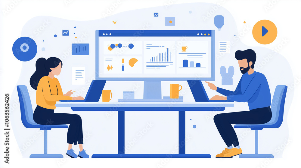 Poster teamwork makes the dream work: a collaborative duo analyzes data on a large monitor, showcasing mode