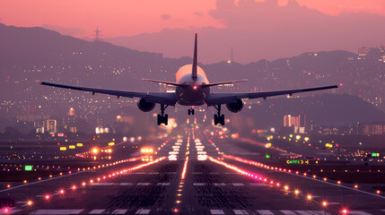 Fototapeta na wymiar Passenger commercial plane landing at sunset, passenger airplane transport.