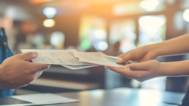 Bank Employee Handing Over Loan Approval Papers to Smiling Client Across Office Desk