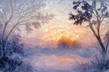 A mystical frosty landscape combines abstract impressions of a sunrise, where frosty textures and hues blend into an enchanting view, evoking wonder and tranquility.