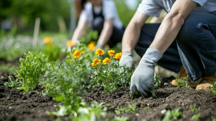 Community Garden with Volunteers Planting Flowers and Vegetables