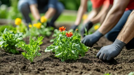 Community Garden with Volunteers Planting Flowers and Vegetables
