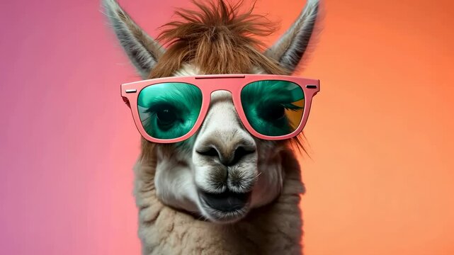 A speaking llama in sunglasses close-up isolated on bright gradient background. A shot for a lip sync. 