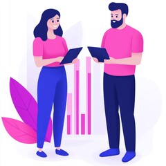 Two people discussing data on tablets with a background of bar graphs.