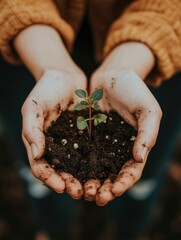 Close-up of hands holding soil with a small sprouting plant, natural lighting, professional photo