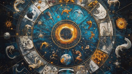 Naklejka premium A circular layout of all zodiac signs with artistic representations of each, showing horoscope predictions by sign.