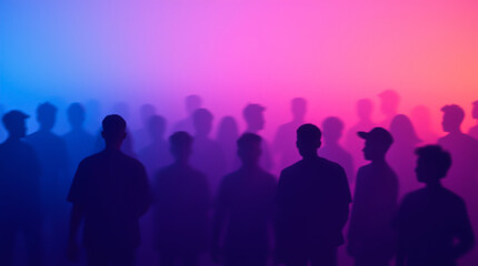 Obraz premium Blurred, abstract image of a party with silhouettes of people on a purple background and bright neon colors