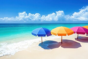 A tropical beach scene with bright blue water, white sand, and colorful beach umbrellas.