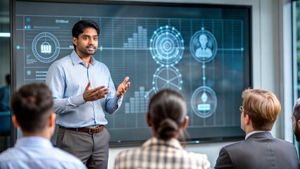 An Indian IT professional presenting a tech project in front of an audience, with visuals projected behind.

