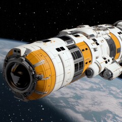 A futuristic spacecraft orbiting Earth, showcasing advanced technology and design.