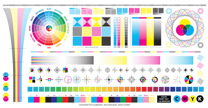 Set illustration of CMYK Print Test Calibration Chart for CTP Printing, with micro printing test.