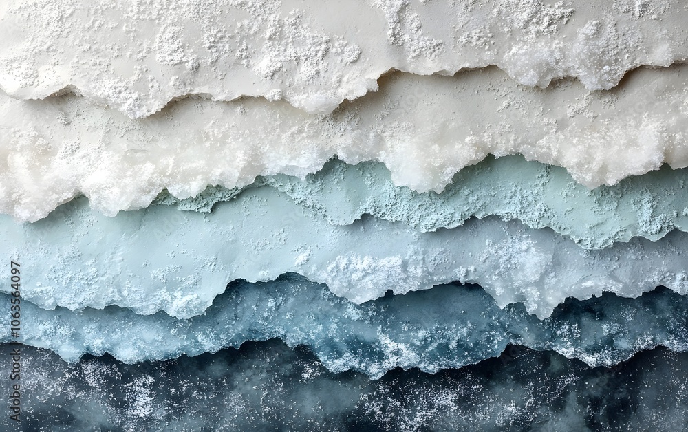 Poster a close-up view of layered salt formations, showcasing various shades of white and blue. the intrica