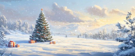 A picturesque scene with a beautifully decorated Christmas tree surrounded by snow and presents, set against a stunning winter landscape at dusk.