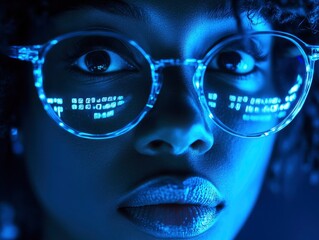Close-up of a persons face illuminated by a digital screen, reflections of data on their glasses