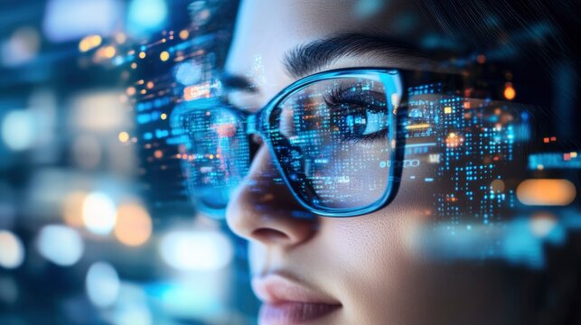 Close-up of a persons face illuminated by a digital screen, reflections of data on their glasses