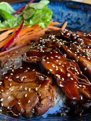 Close. up view of marinated pork with sesame seeds