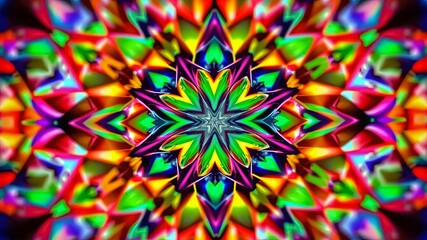 A kaleidoscope of vibrant colors, each shape a prism reflecting a multitude of hues, forming a mesmerizing central star