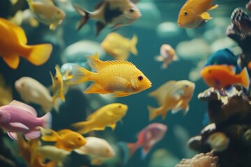 Naklejka premium A tropical fish tank filled with fish of every bright color, swimming among equally colorful coral reefs