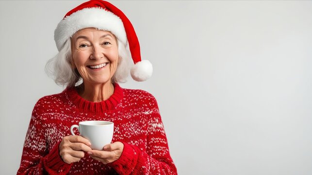 A woman in a red sweater and a santa hat holding a cup of coffee - Powered by Adobe