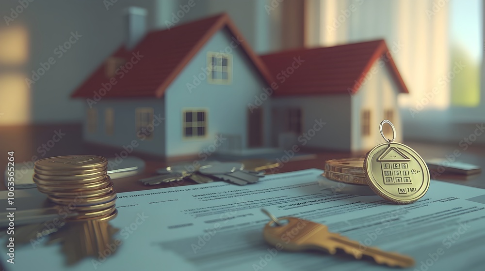 Aufkleber close-up view of property loan contract with interest rate breakdown and keys suggesting secure