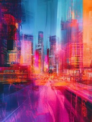 Obraz premium City skyline blended with holographic digital patterns, photorealistic urban scene