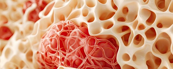 Close-up view of bone tissue highlighting structure and texture, showcasing red and beige hues against a blurred background.