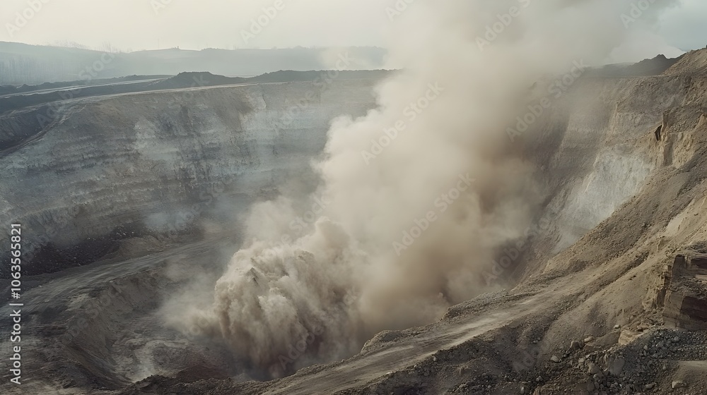 Poster aerial view of dramatic open-pit coal mining excavation process with dust clouds
