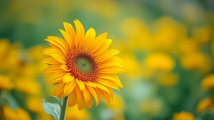 Fototapeta premium A Single Sunflower Stands Tall in a Field of Golden Blooms, Bathed in Soft Light