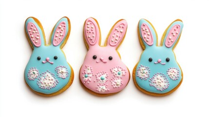 Happy Easter. Multicolored pastel easter cookies on a isolated white background. Bunny.