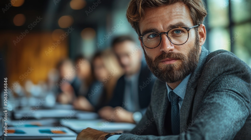Poster a seriously focused man with a beard sits at a conference table, participating in a business meeting