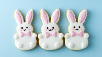 Happy Easter. Multicolored pastel easter cookies on a blue background. Bunny.