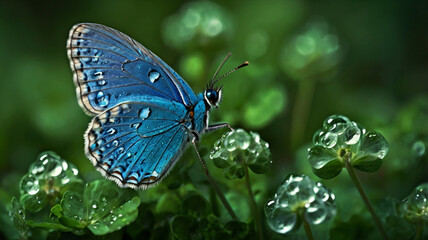 Vivid macro shot of a blue butterfly on a dewy green three-leaf clover embodying beauty tranquility and natural renewal