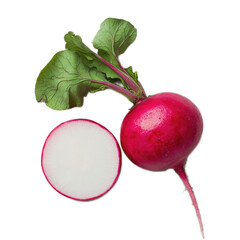Halved Fresh Radish with Green Leaves Displayed