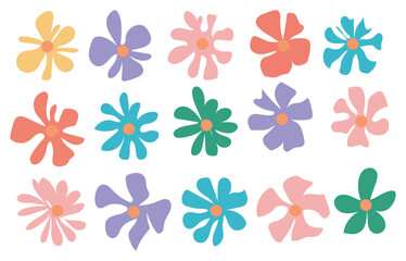 Fototapeta premium Floral hippie clipart groovy elements, colorful abstract hand drawn daisy flowers in vintage trippy style. Vector illustration stock illustration