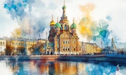 Fototapeta premium Watercolor Church of the Saviour on Spilled Blood, St. Petersburg, Russia