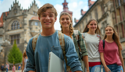 Obraz premium Enthusiastic students carry books while exploring a historic campus on a sunny day