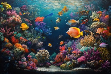Obraz premium A tropical fish tank filled with fish of every bright color, swimming among equally colorful coral reefs
