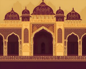 Intricate Indian Temple Architecture Motifs in Regal Gold and Maroon Tones