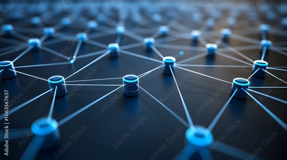 Poster expanding digital connectivity network of interconnected dots and lines in futuristic blue abstract