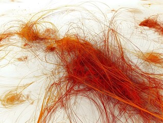 An abstract composition featuring a tangle of vibrant orange and red strands against a white backdrop, evoking a sense of dynamic movement and energy.