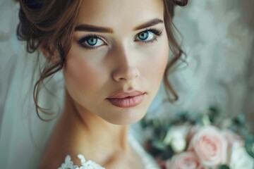 Wedding Makeup. Beautiful Bride Getting Make-up Done by Artist Before Wedding