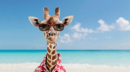 Obraz premium Giraffe in sunglasses and Hawaiian shirt at tropical beach