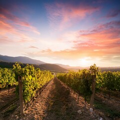 Fototapeta premium ブドウの収穫シーズン中の夕焼けに染まるブドウ畑。