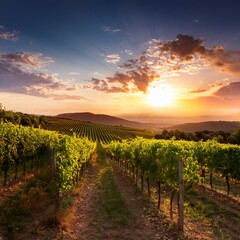 Naklejka premium ブドウの収穫シーズン中の夕焼けに染まるブドウ畑。