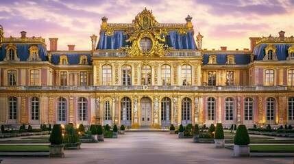 Naklejka premium A grand palace with golden details and a symmetrical facade, bathed in the warm glow of twilight.