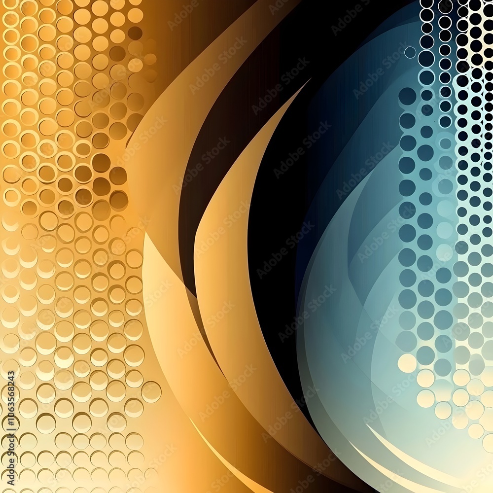 Poster an abstract design showcasing dynamic curves in warm gold and cool blue tones, creating a visually s