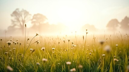 Fototapeta premium A gentle sunrise illuminates a field of delicate white wildflowers emerging from the morning mist.