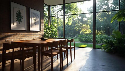 Obraz premium Modern dining room with large windows overlooking a lush garden.